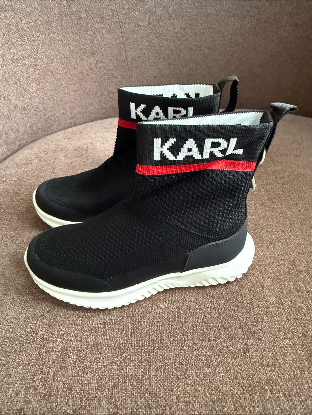 Karl Lagerfeld Black Knit High-Top Sneakers with Red Stripe